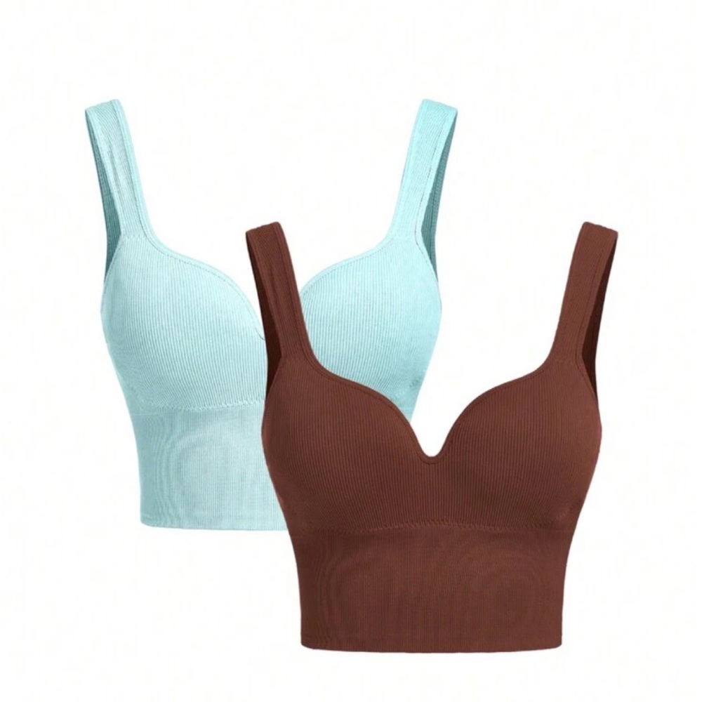 Brown and Light Blue Ribbed Crop Tops